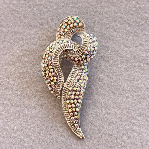 Brooch Ribbon Aurora Borealis Rhinestones Silver Tone Heavy Bling Sparkle - Picture 3 of 7